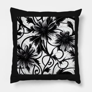 Vintage Floral Cottagecore  Romantic Flower Peony Design Black and White Pillow