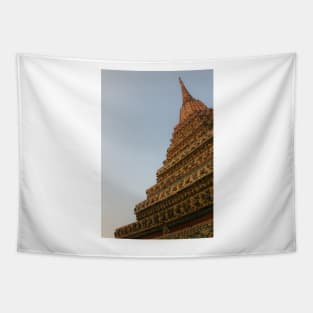 First unusual low angle view of a Buddha stupa against clear sky. Tapestry