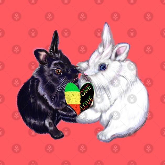 Reggae bunnies - bunny rabbits holding a love heart shape - pair of cute furry ebony and snow colored coloured lionhead bunny rabbit by Artonmytee