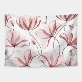 Translucent poppy watercolor ornate print. Transparent blush anemones. Spring floral romantic illustration Tapestry