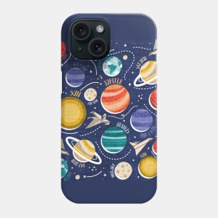 Paper space adventure I // illo // navy blue background multicoloured solar system paper cut planets origami paper spaceships and rockets Phone Case