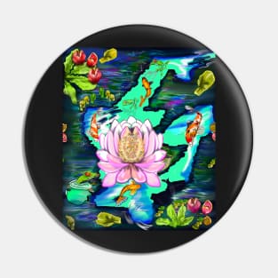 Best fishing gifts for fish lovers 2022. Koi fish swimming in a koi pond with frogs and water lilies Pin