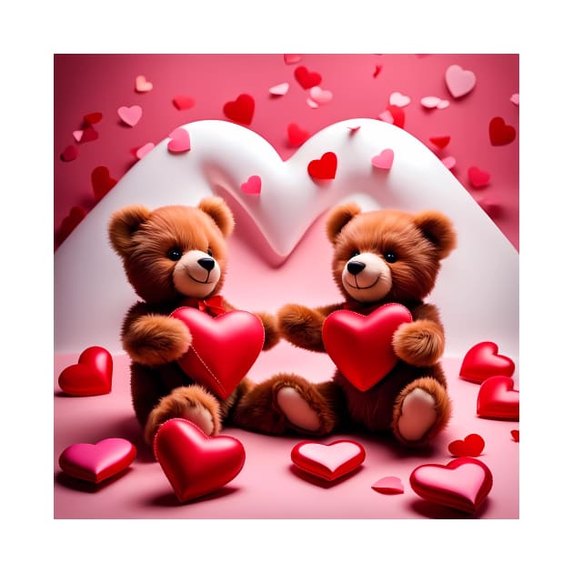 Teddy celebrating Valentines day, randome floating love hearts by Colin-Bentham