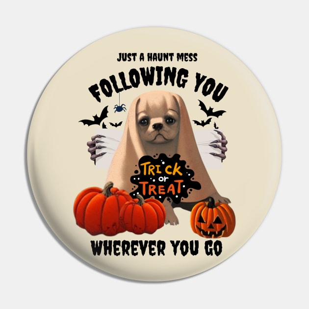 Funny Halloween American Bulldog Puppy in Cheesecloth Pumpkin Halloween Pin by Mochabonk