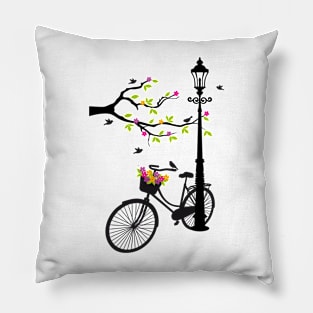 Old bicycle with lamp, flower basket, birds, tree Pillow