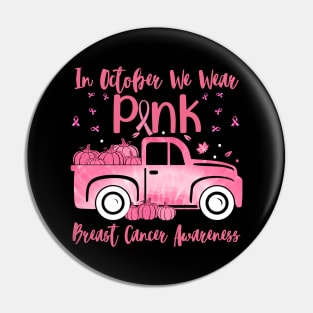 In October We Wear Pink Ribbon Plaid Truck Breast Cancer Pin