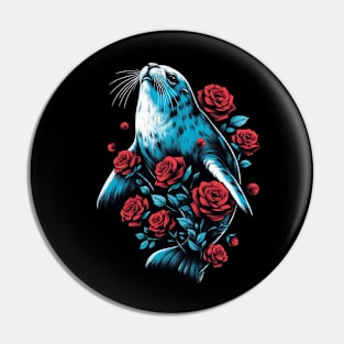 Cute Seal Red Roses Pin