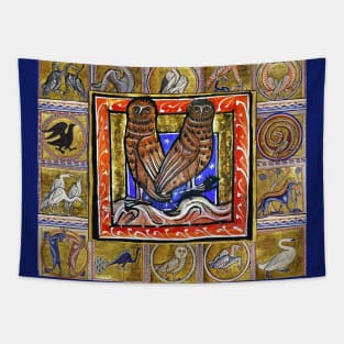 MEDIEVAL BESTIARY ,TWO OWLS, FANTASTIC ANIMALS IN GOLD RED BLUE COLORS Tapestry