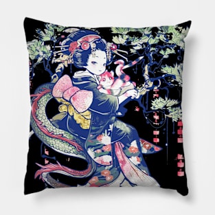 Japanese Girl With Dragon and Cats T-Shirt 05 Pillow