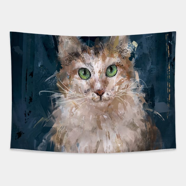 A Grungy Painting of a White and Brown Cat Tapestry by ibadishi