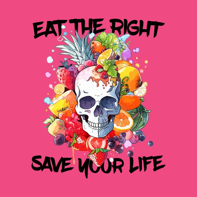 "EAT THE RIGHT, SAVE YOUR LIFE" Watercolor Skull with Fruits and Vegetables by ZoChi-Creations