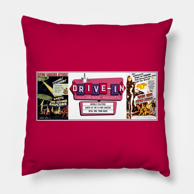 Drive-In Double Feature - Flying Saucer Mania Pillow by Starbase79