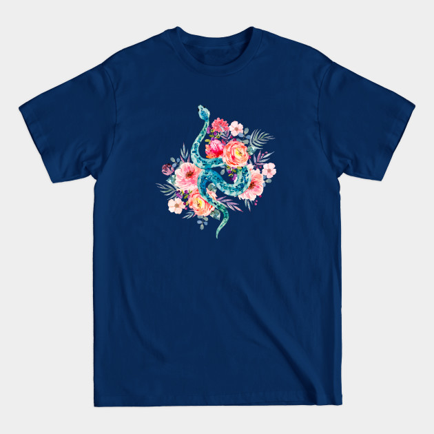 Blue Watercolor Snake In The Flower Garden - Snake - T-Shirt