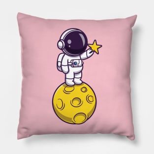 Astronaut Holding Star On Moon Cartoon Pillow