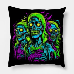 Psychedelic Staring Zombie Trio With Lifeless Grinning Face, Zombie Abstract Pillow