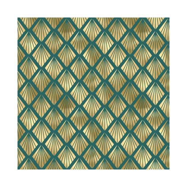 Teal and Gold Vintage Art Deco Diamond Fan Pattern by podartist