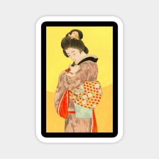 Japanese lady holding a cat - vintage Japanese art Magnet