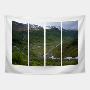 Wonderful landscapes in Norway. Vestland. Beautiful scenery from the Myrkdalen Viewpoint.  Mountains, road, rocks, stream, houses, waterfall and snow in background. Cloudy day. Tapestry