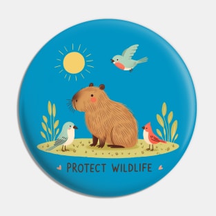 Protect Wildlife - Capybara with birds Pin