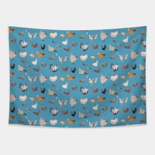 Chicken Happy pattern on soft Blue background Tapestry