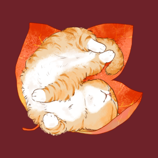 Orange Cat T-Shirt - Orange Cat Sleep in Leaves by Minran