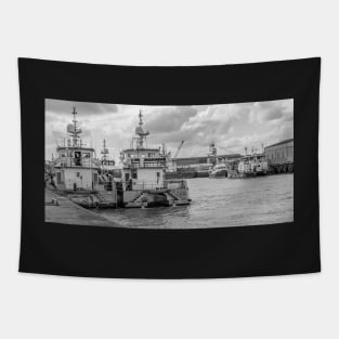 Crew transfer vessels moored up in the docks in the seaside town of Great Yarmouth, Norfolk Tapestry