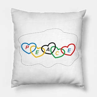 Hearts with Olympic colors and text "peace" Pillow