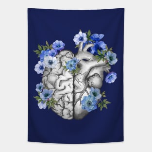 Right balance between head or brain and heart, Half heart and brain, blue anemones flowers anemoneus Tapestry