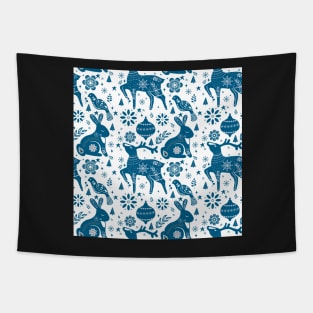 Nordic Christmas 2 / Blue Deer & Rabbit on White Tapestry