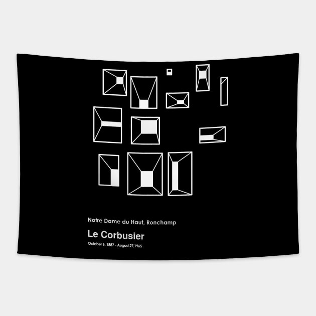 Le Corbusier Notre Dame du Haut Building White Outline Tapestry by AtifSlm