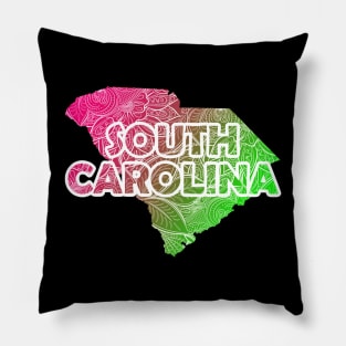 Colorful mandala art map of South Carolina with text in pink and green Pillow