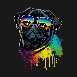 Colourful cool black pug with sunglasses one T-Shirt