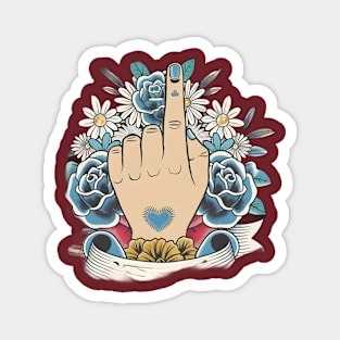 Hand Gesture with the Index Finger Raised, Surrounded by a Decorative Arrangement of Blue and White Flowers Magnet