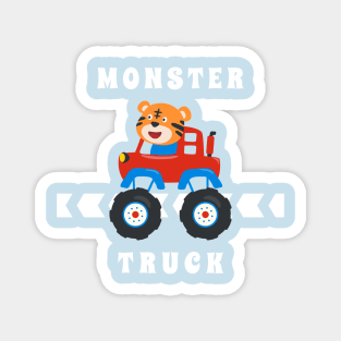 Cartoon vector of monster truck with little animal driver. Magnet