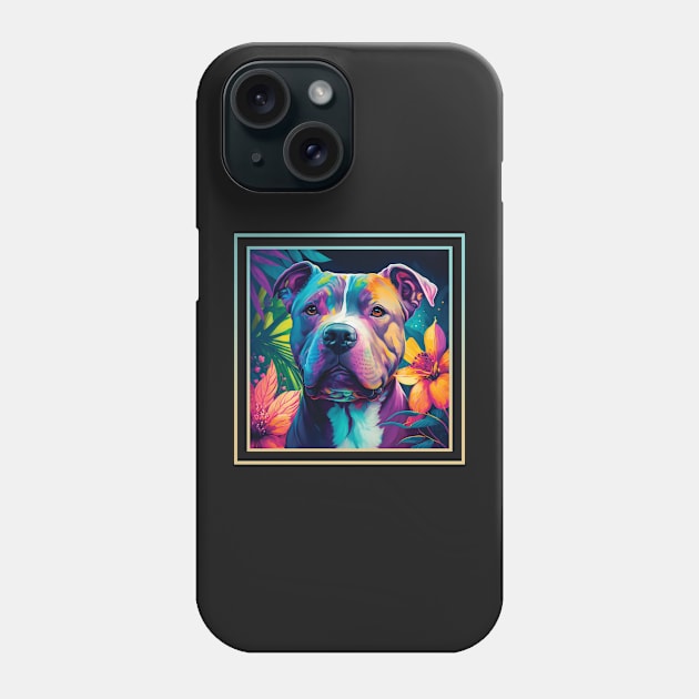 Happy American Staffordshire Pit Bull Dog Vibrant Tropical Flower Digital Oil Painting Portrait Phone Case by ArtHouseFlunky