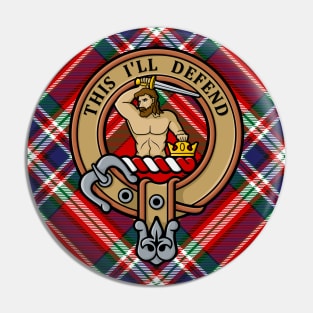 Clan MacFarlane Crest over Red Tartan Pin