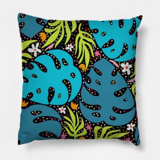 Jungle leaves and flowers abstract repeat pattern on black Pillow