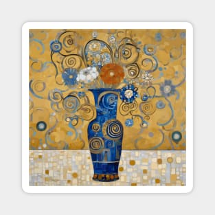 Modern Still Life Painting with Flowers in a Blue and Gold Decorative Vase Magnet