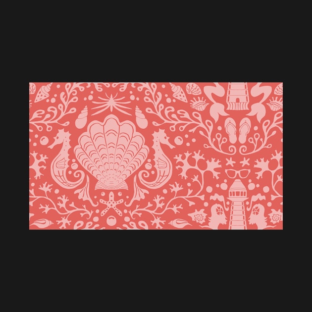 coral summer beach damask pattern with pink seashells by colorofmagic