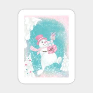 Cute Christmas Snowman Pink and Mint Magnet