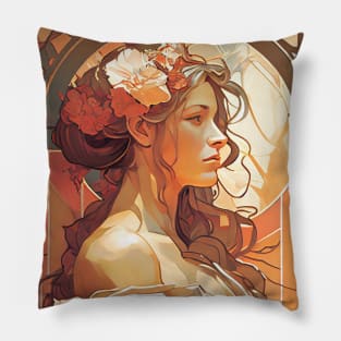 Alphonse Mucha Style Portrait of a Beautiful Woman Pillow