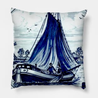 Dutch Blue Delft Windmills and Sailboats Print Pillow