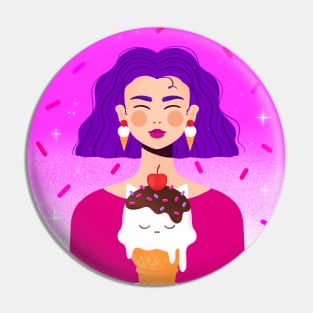 Happy girl with purple hair and kitty ice cream, version 1 Pin