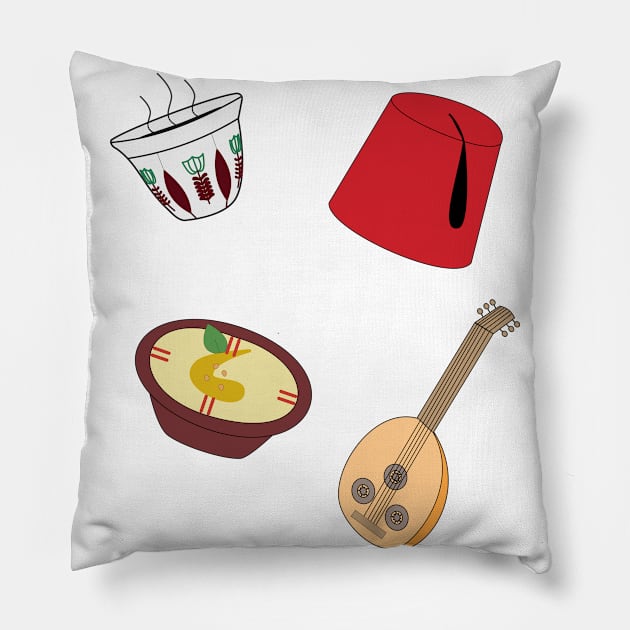 Middle East Starter Pack - Arabic coffee, tarboosh hat, hummus, oud instrument Pillow by Ralph Hovsepian