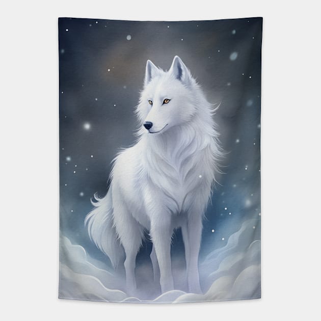 Funny White Wolf Hunting Ground, Winter Mountain Icy Moon, Forest, Galaxy Beautiful gifts Novelty Wild Animal landscape Fashion Watercolor Tapestry by sofiartmedia