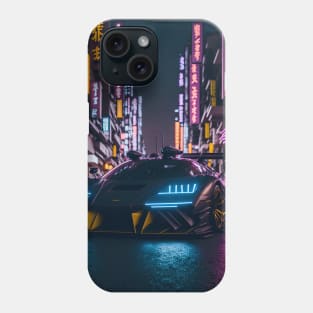 Dark Neon Sports Car in Japanese Neon City Phone Case