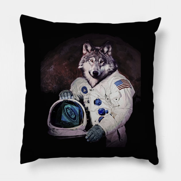 Wolfy Goes to Mars Pillow by Pixelmania