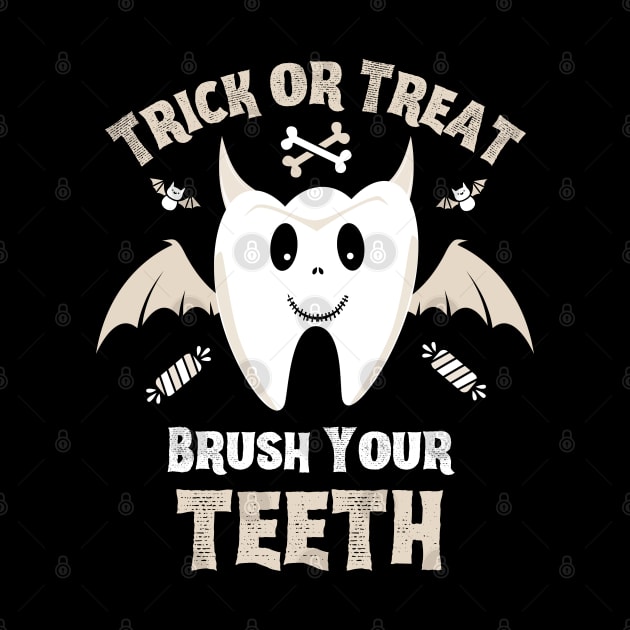 Trick or Treat Brush Your Teeth - Cute Tooth with Bat Wings and Devil Horns by Enriched by Art