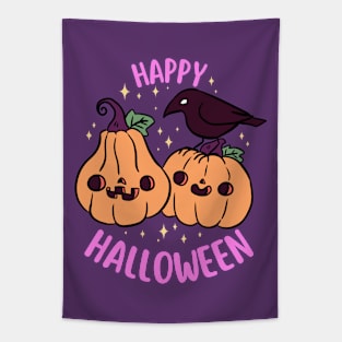 Happy halloween a Cute pumpkin friend with a crow Tapestry