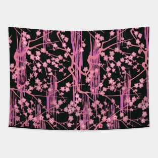 PINK SAKURA FLOWERS IN BLACK Antique Japanese Floral Pattern Tapestry